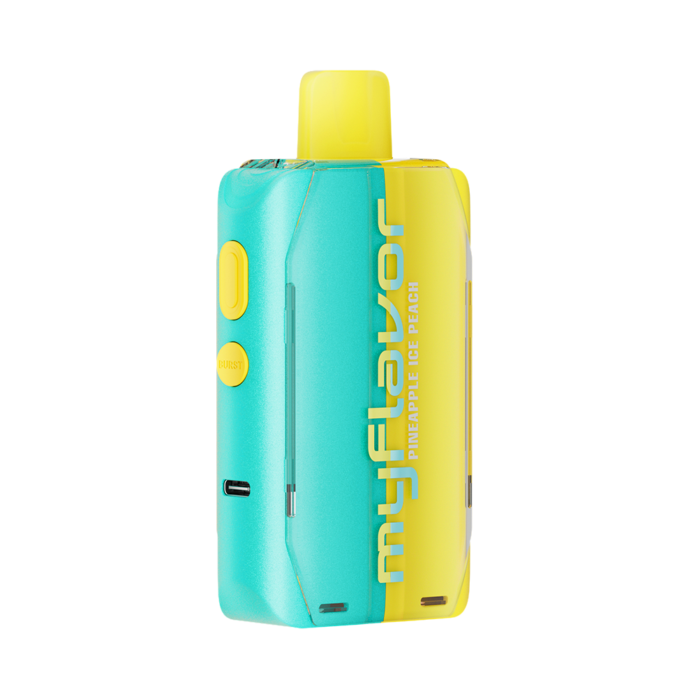 Adjust MyFlavor Pineapple Peach Ice vape device featuring a vibrant yellow and teal design. Enjoy 6 adjustable mint flavors with Burst Mode (up to 20K puffs) and Normal Mode (up to 40K puffs), offering a customizable vaping experience with an interactive screen.