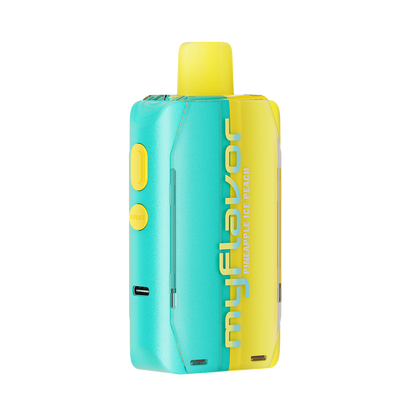 Adjust MyFlavor Pineapple Peach Ice vape device featuring a vibrant yellow and teal design. Enjoy 6 adjustable mint flavors with Burst Mode (up to 20K puffs) and Normal Mode (up to 40K puffs), offering a customizable vaping experience with an interactive screen.