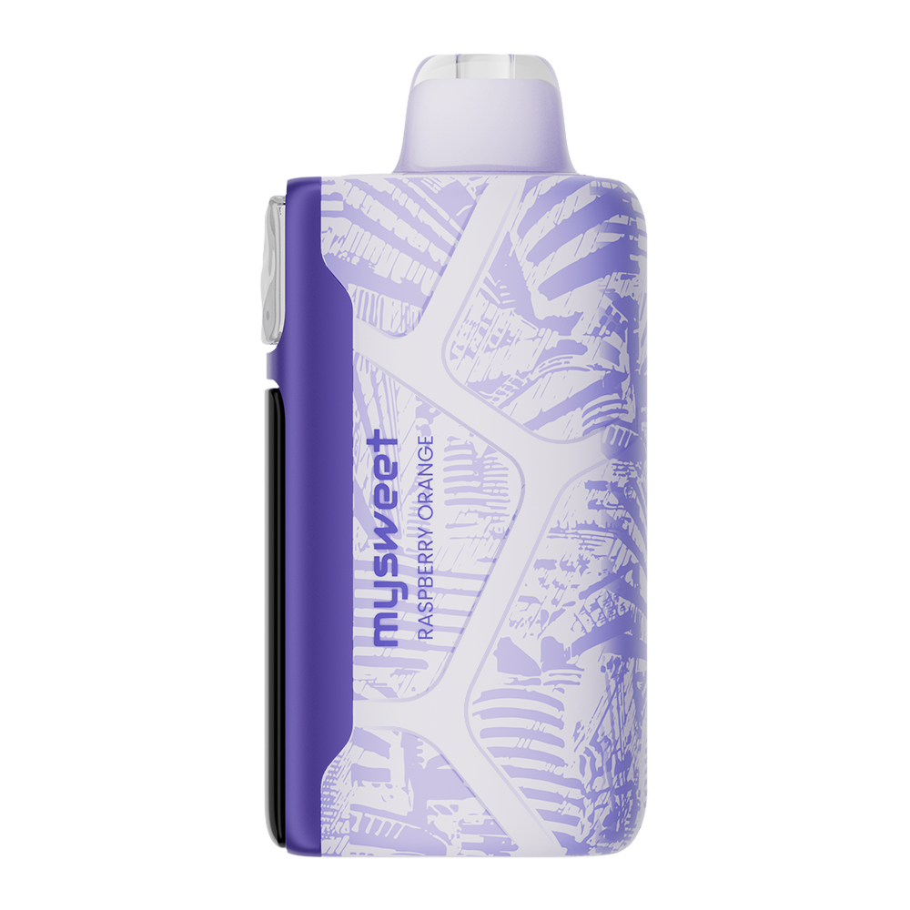 Adjust MySweet Raspberry Orange Disposable Vape Device - Showcasing a stylish purple and white design with customizable sweetness levels, rechargeable capability, and an intuitive display screen.