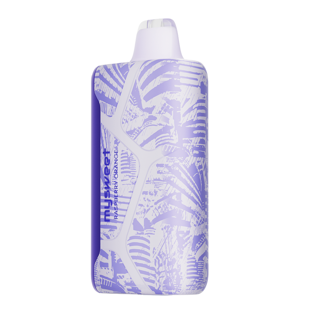 Adjust MySweet Raspberry Orange Disposable Vape Device - Showcasing a stylish purple and white design with customizable sweetness levels, rechargeable capability, and an intuitive display screen.