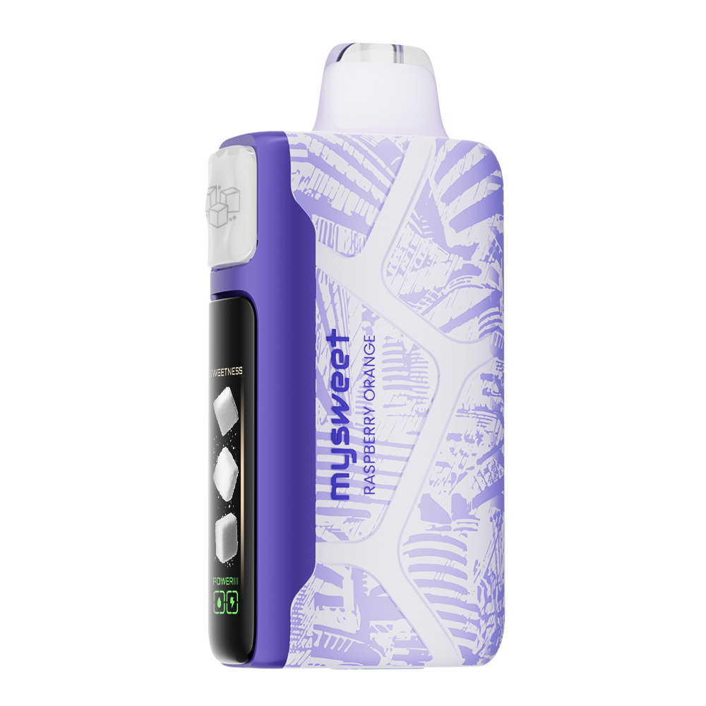Adjust MySweet Raspberry Orange Disposable Vape Device - Showcasing a stylish purple and white design with customizable sweetness levels, rechargeable capability, and an intuitive display screen.