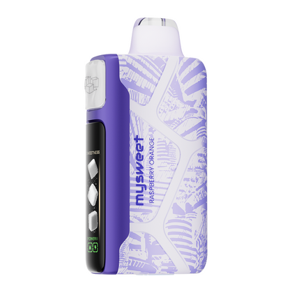 Adjust MySweet Raspberry Orange Disposable Vape Device - Showcasing a stylish purple and white design with customizable sweetness levels, rechargeable capability, and an intuitive display screen.