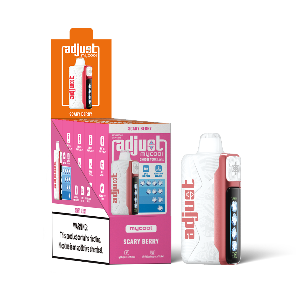 Adjust MyCool Scary Berry 40K Puffs Disposable Vape Packaging- Retail display of 5packs featuring a blend of mixed berries with adjustable ice cooling feature, 5% nicotine strength, vibrant red and white design, and a prominently displayed nicotine warning label.