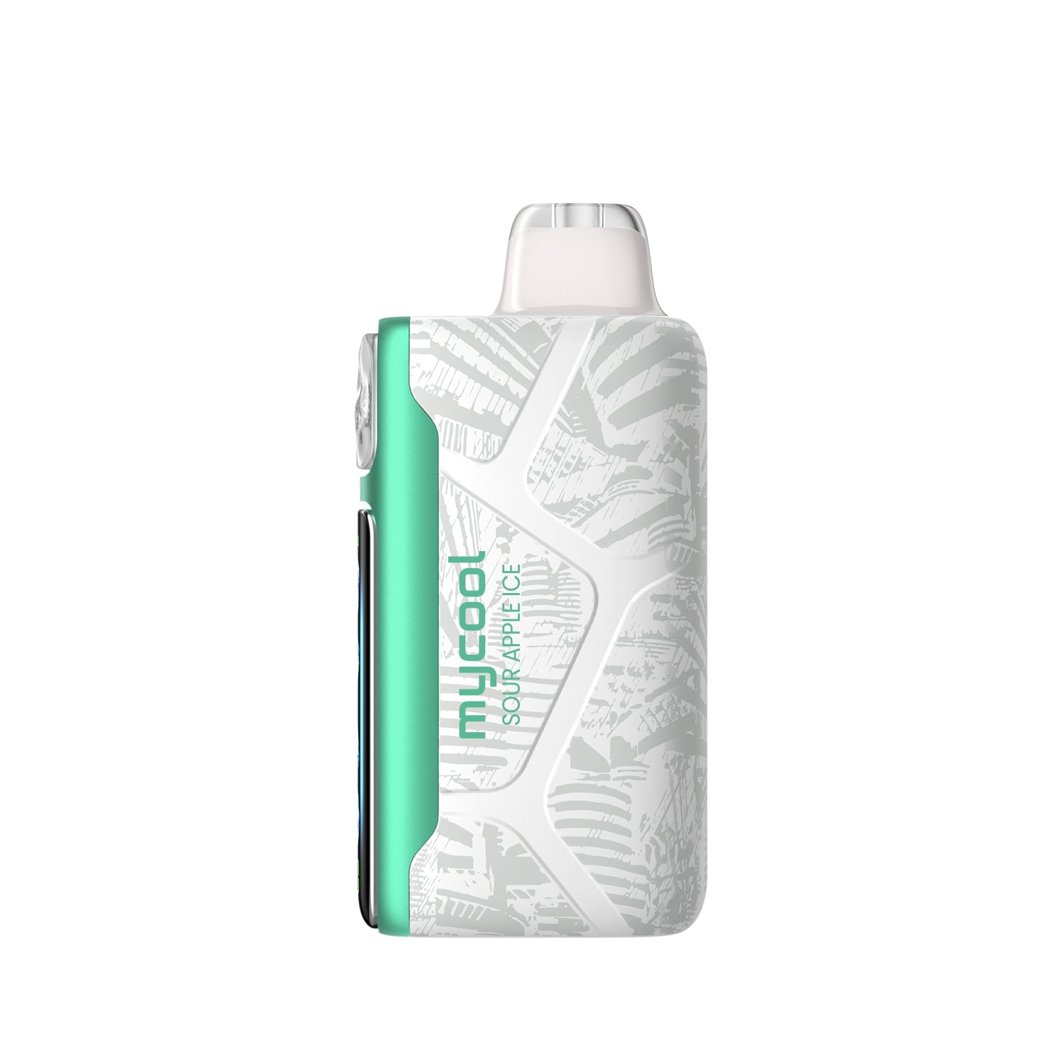 Adjust MyCool Sour Apple Ice 40K Puffs Disposable Vape- Featuring a sleek design with white and green accents, this adjustable disposable vape delivers a smooth Sour Apple Ice flavor with customizable cooling levels. 40K puffs, 5% nicotine strength, and a cooling feature with 5 adjustable levels. Nicotine warning label included for safety.