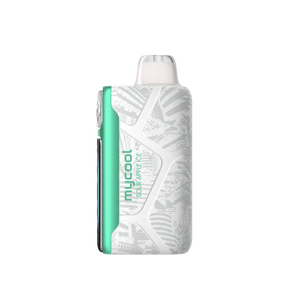 Adjust MyCool Sour Apple Ice 40K Puffs Disposable Vape- Featuring a sleek design with white and green accents, this adjustable disposable vape delivers a smooth Sour Apple Ice flavor with customizable cooling levels. 40K puffs, 5% nicotine strength, and a cooling feature with 5 adjustable levels. Nicotine warning label included for safety.