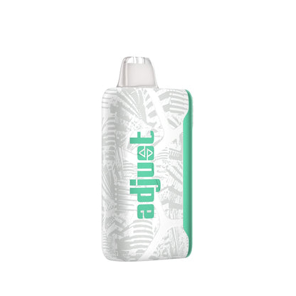 Adjust MyCool Sour Apple Ice 40K Puffs Disposable Vape- Featuring a sleek design with white and green accents, this adjustable disposable vape delivers a smooth Sour Apple Ice flavor with customizable cooling levels. 40K puffs, 5% nicotine strength, and a cooling feature with 5 adjustable levels. Nicotine warning label included for safety.