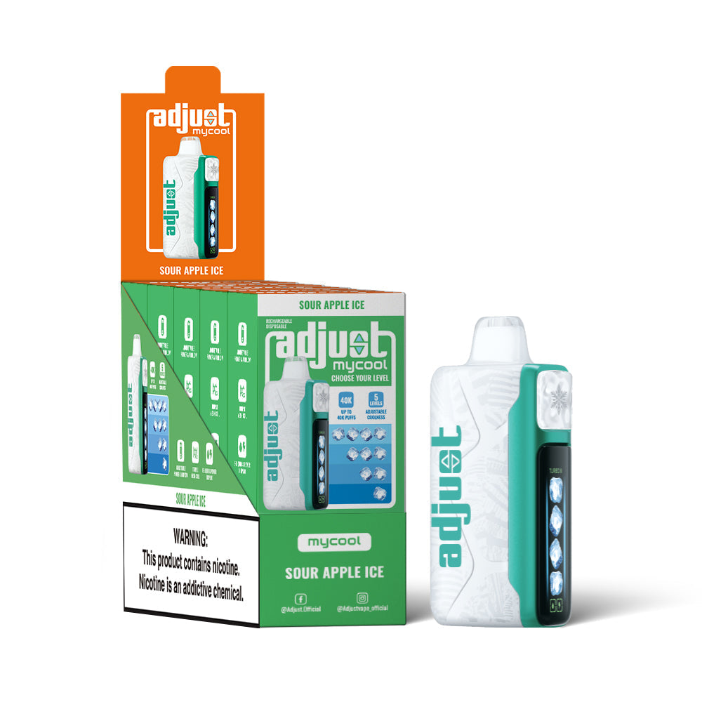Adjust MyCool Sour Apple Ice 40K Puffs Disposable Vape Packaging- Retail display of 5 packs featuring a crisp green apple flavor with adjustable ice cooling feature, 5% nicotine strength, vibrant green and white design, and a prominently displayed nicotine warning label.
