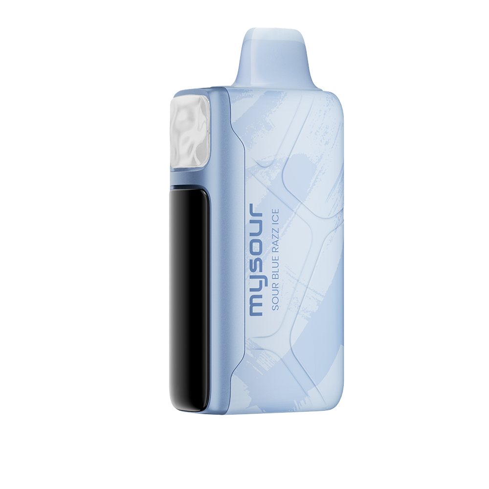 MySour Sour Blue Razz Ice disposable vape device with a sleek blue design, ergonomic build, and modern display. Premium blue raspberry ice-flavored vape for a cool and refreshing vaping experience.