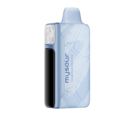 MySour Sour Blue Razz Ice disposable vape device with a sleek blue design, ergonomic build, and modern display. Premium blue raspberry ice-flavored vape for a cool and refreshing vaping experience.