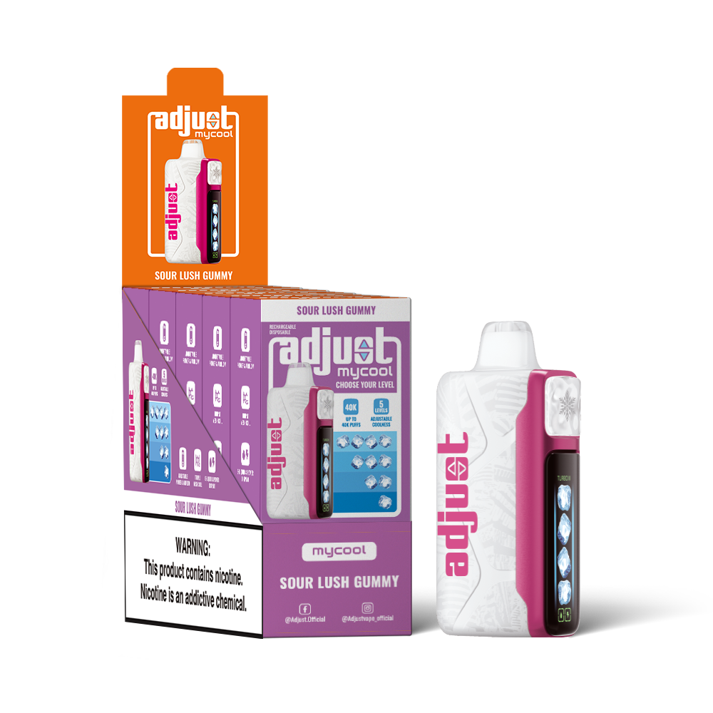 Adjust MyCool Sour Lush Gummy 40K Puffs Disposable Vape Packaging - Retail display of 5 packs featuring sweet and sour gummy candy flavor with adjustable ice cooling feature, 5% nicotine strength, vibrant green and white design, and a prominently displayed nicotine warning label.