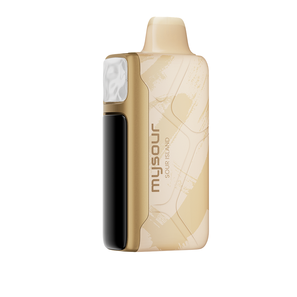 MySour Sour Island disposable vape device featuring a stylish gold design, ergonomic shape, and modern display. Premium tropical-flavored vape for a smooth and satisfying vaping experience.
