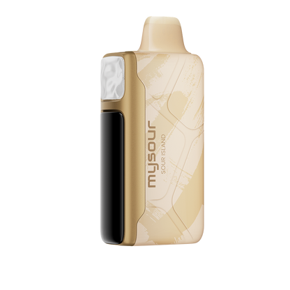 MySour Sour Island disposable vape device featuring a stylish gold design, ergonomic shape, and modern display. Premium tropical-flavored vape for a smooth and satisfying vaping experience.