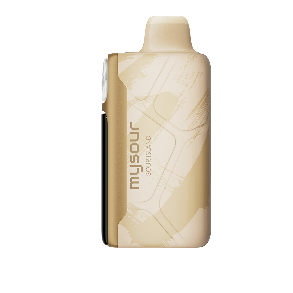 MySour Sour Island disposable vape device featuring a stylish gold design, ergonomic shape, and modern display. Premium tropical-flavored vape for a smooth and satisfying vaping experience.