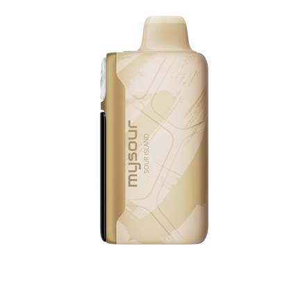 MySour Sour Island disposable vape device featuring a stylish gold design, ergonomic shape, and modern display. Premium tropical-flavored vape for a smooth and satisfying vaping experience.