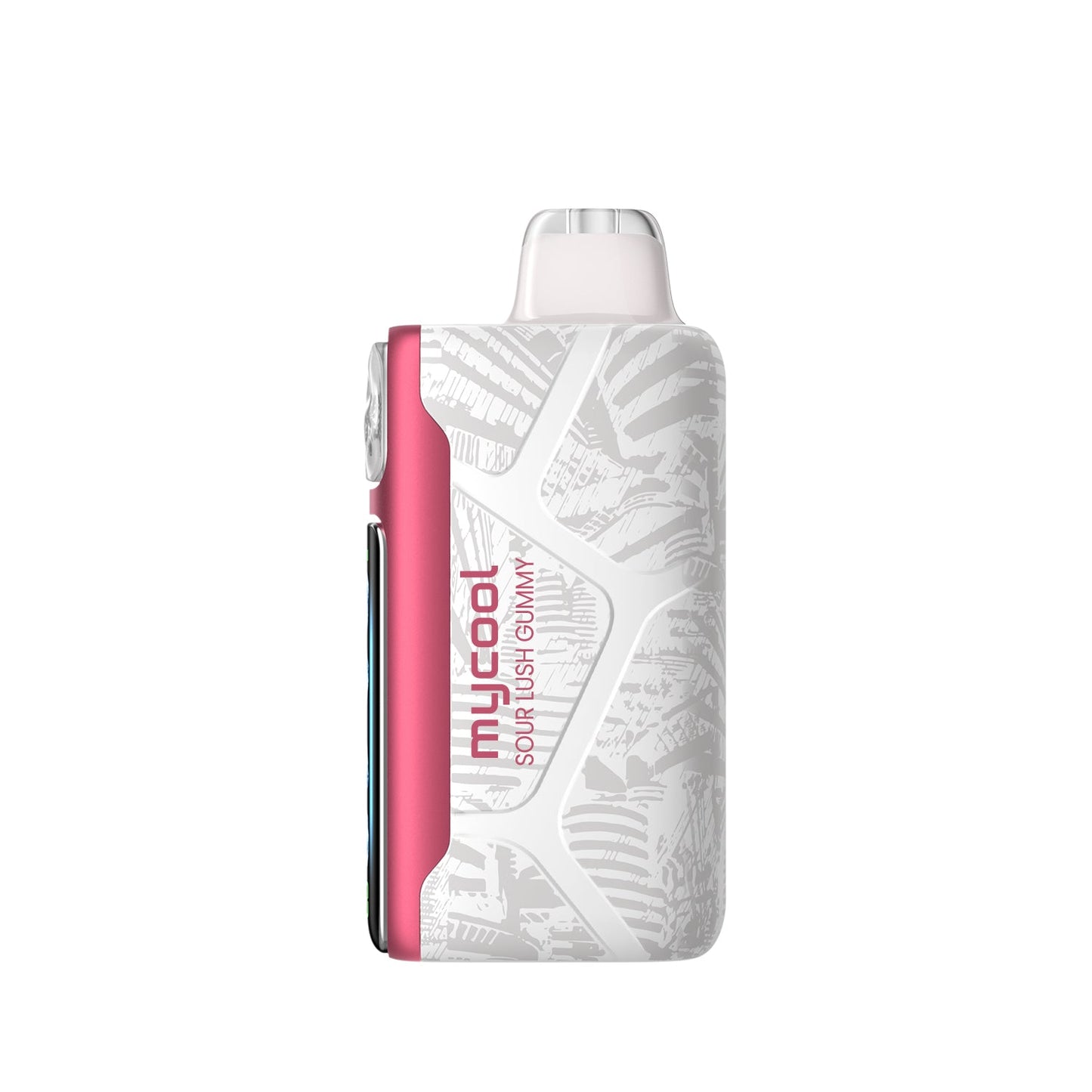 Adjust MyCool Sour Lush Gummy 40K Puffs Disposable Vape - Pink and white device featuring sour gummy flavor with adjustable cooling levels, 5% nicotine strength, and a digital display to adjust the cooling for a customizable vaping experience.