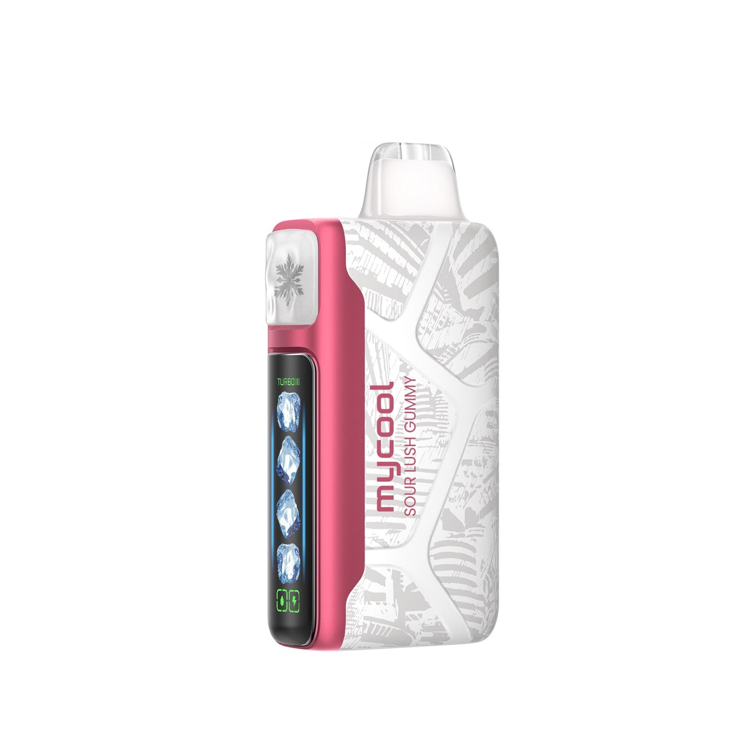 Adjust MyCool Sour Lush Gummy 40K Puffs Disposable Vape - Pink and white device featuring sour gummy flavor with adjustable cooling levels, 5% nicotine strength, and a digital display to adjust the cooling for a customizable vaping experience.