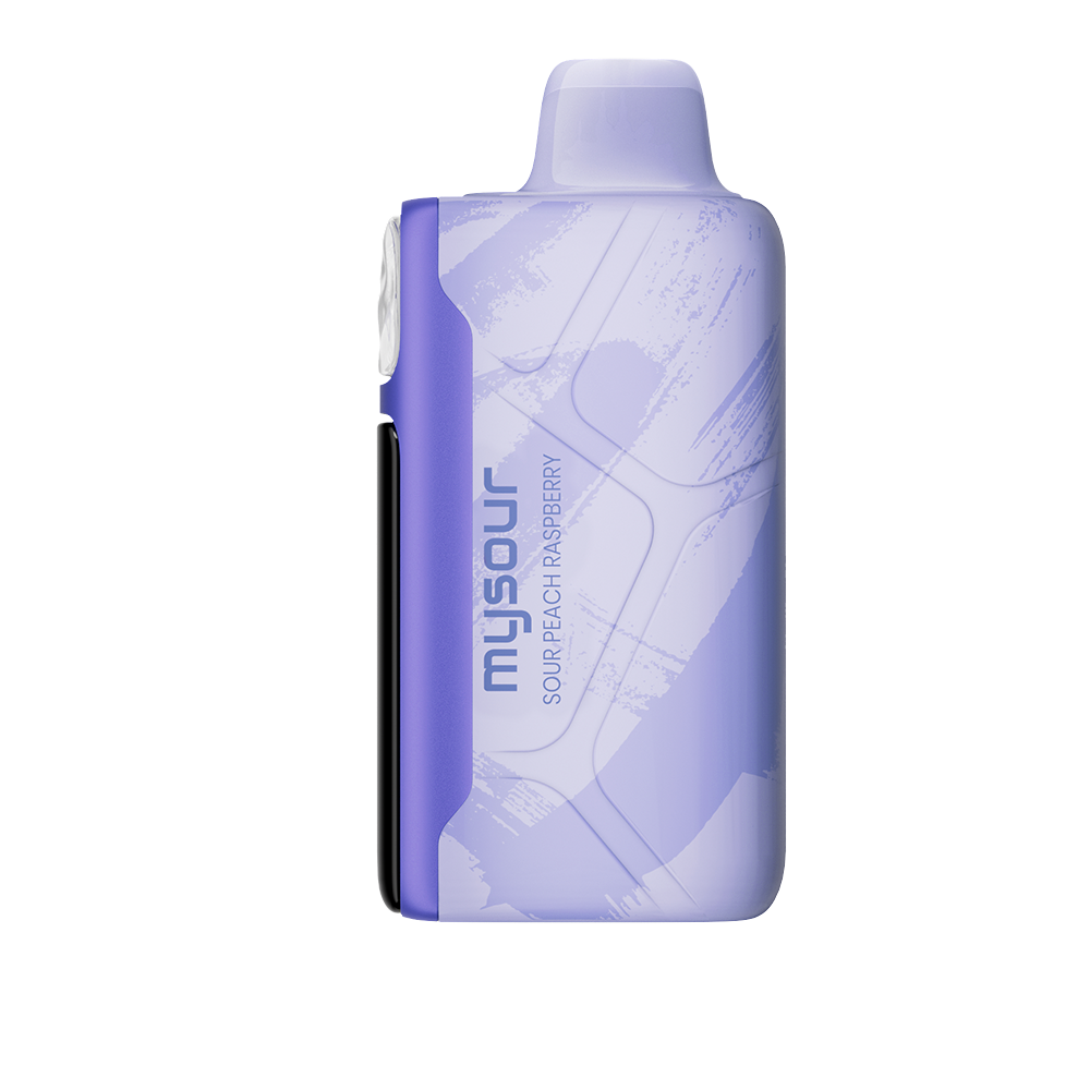 MySour Sour Peach Raspberry disposable vape device featuring a stylish purple design, ergonomic build, and modern display. Premium flavored vape for a smooth and satisfying vaping experience.