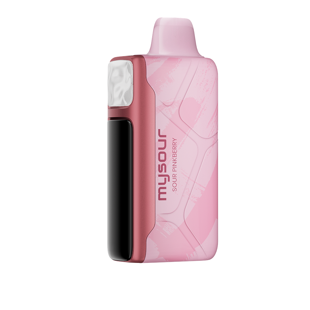 MySour Sour Pinkberry disposable vape device with a sleek pink design, ergonomic shape, and modern display. High-quality flavored vape for a smooth and flavorful experience.