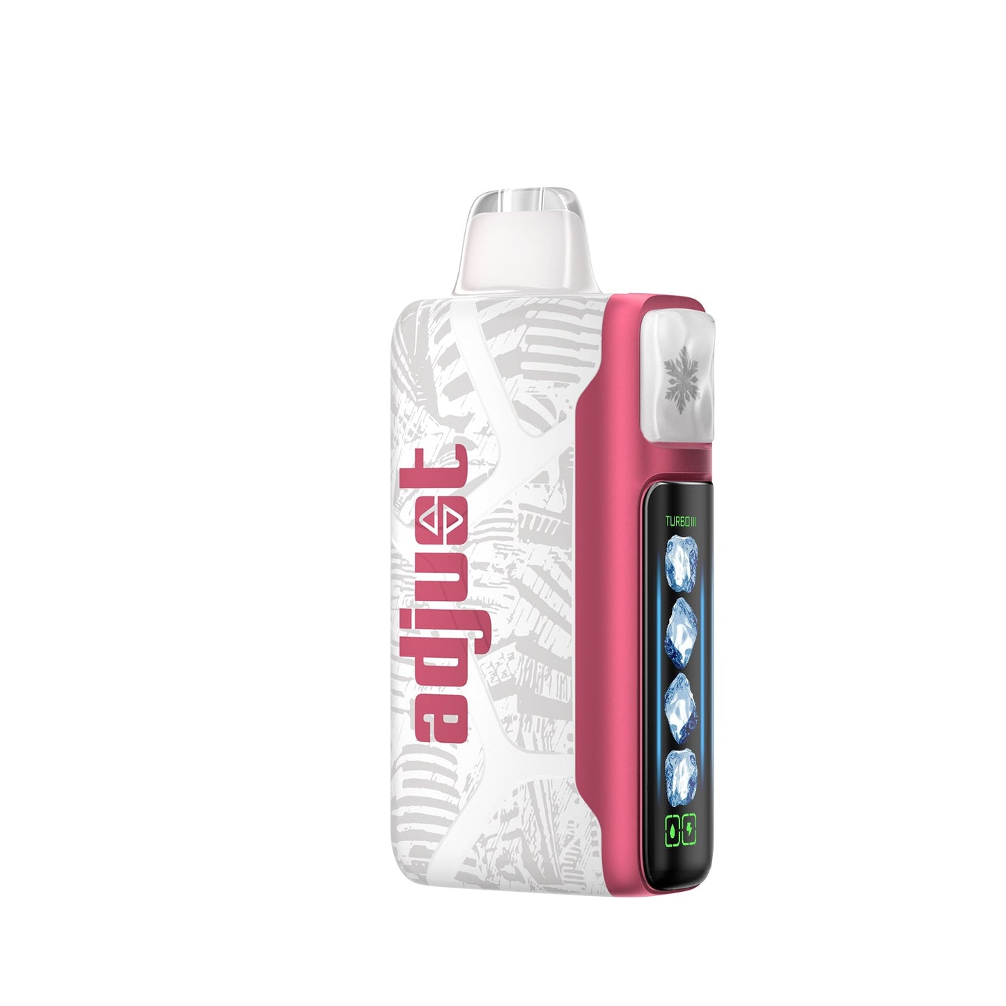 Adjust MyCool Sour Strawberry Dragonfruit 40K Puffs Disposable Vape - Pink and white device featuring a bold combination of sour strawberry and dragonfruit flavors, adjustable cooling levels, 5% nicotine strength, and a clear display showing customizable options for a smooth vaping experience.