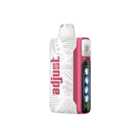 Adjust MyCool Sour Strawberry Dragonfruit 40K Puffs Disposable Vape - Pink and white device featuring a bold combination of sour strawberry and dragonfruit flavors, adjustable cooling levels, 5% nicotine strength, and a clear display showing customizable options for a smooth vaping experience.
