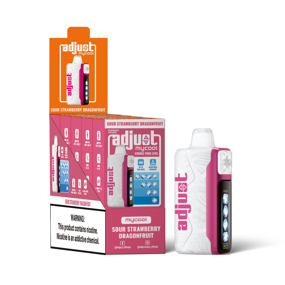 Adjust MyCool Sour Strawberry Dragonfruit 40K Puffs Disposable Vape Packaging- Retail display of 5 packs featuring a vibrant red and white design, offering a tangy blend of sour strawberry and exotic dragonfruit flavors with adjustable ice cooling feature, 5% nicotine strength, and a prominently displayed nicotine warning label.