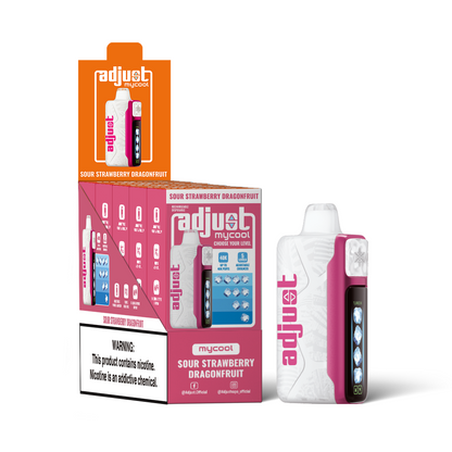 Adjust MyCool Sour Strawberry Dragonfruit 40K Puffs Disposable Vape Packaging- Retail display of 5 packs featuring a vibrant red and white design, offering a tangy blend of sour strawberry and exotic dragonfruit flavors with adjustable ice cooling feature, 5% nicotine strength, and a prominently displayed nicotine warning label.