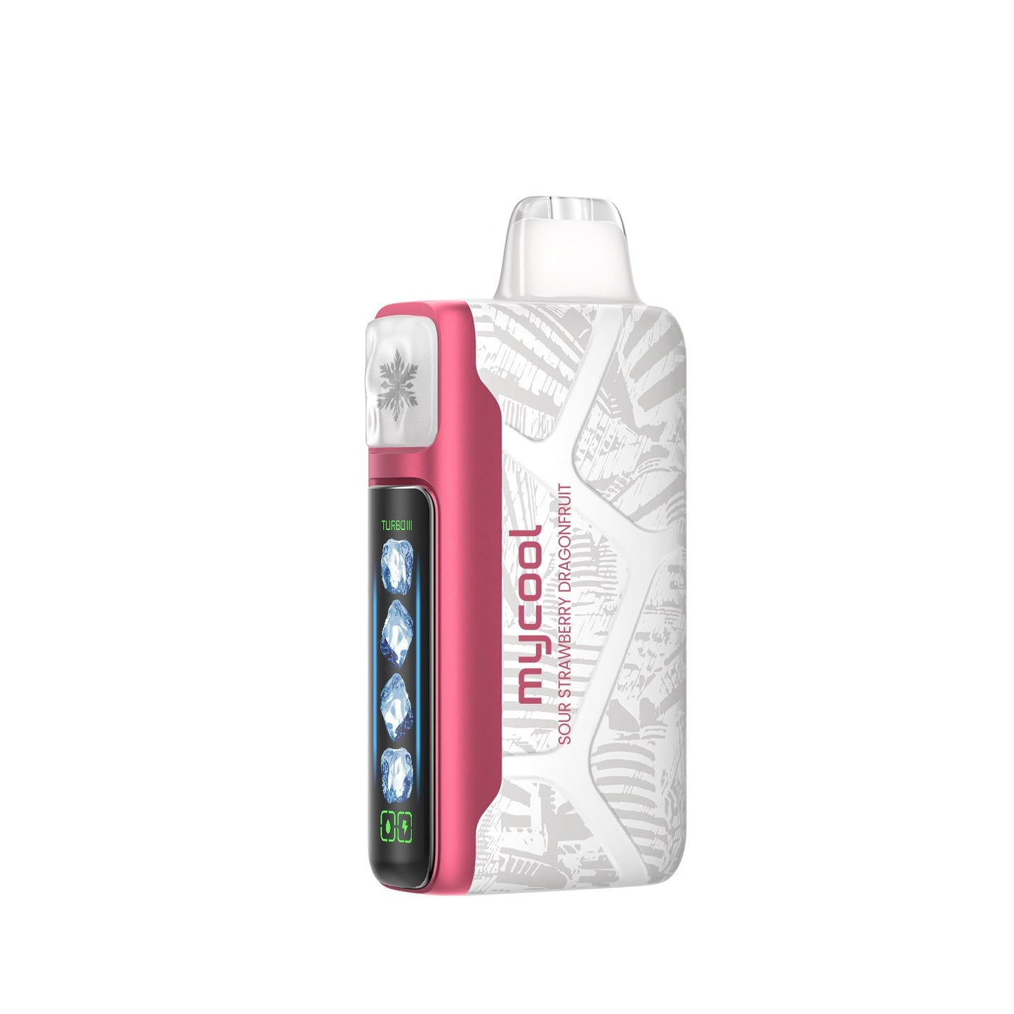 Adjust MyCool Sour Strawberry Dragonfruit 40K Puffs Disposable Vape - Pink and white device featuring a bold combination of sour strawberry and dragonfruit flavors, adjustable cooling levels, 5% nicotine strength, and a clear display showing customizable options for a smooth vaping experience.