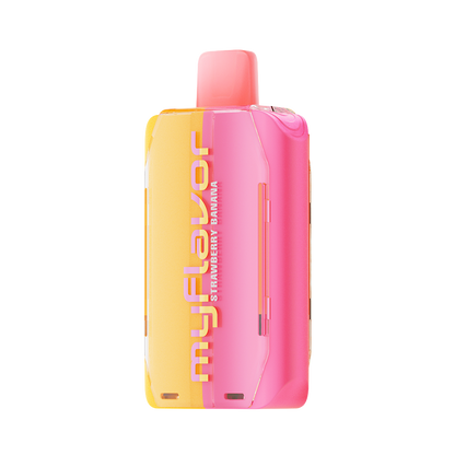 Adjust MyFlavor Strawberry Banana vape device featuring a sleek design with a vibrant pink and yellow color scheme. Offers 6 adjustable flavor profiles, customizable burst and normal puff modes, and an interactive screen for a personalized vaping experience.