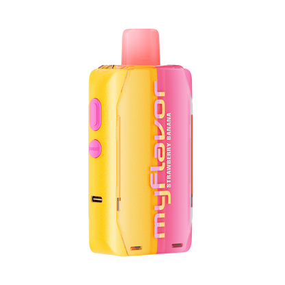 Adjust MyFlavor Strawberry Banana vape device featuring a sleek design with a vibrant pink and yellow color scheme. Offers 6 adjustable flavor profiles, customizable burst and normal puff modes, and an interactive screen for a personalized vaping experience.