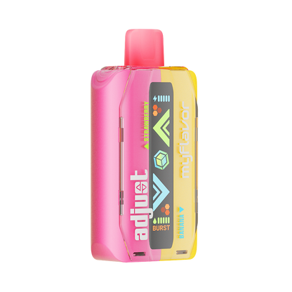 Adjust MyFlavor Strawberry Banana vape device featuring a sleek design with a vibrant pink and yellow color scheme. Offers 6 adjustable flavor profiles, customizable burst and normal puff modes, and an interactive screen for a personalized vaping experience.
