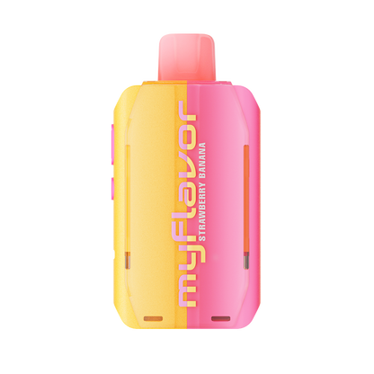 Adjust MyFlavor Strawberry Banana vape device featuring a sleek design with a vibrant pink and yellow color scheme. Offers 6 adjustable flavor profiles, customizable burst and normal puff modes, and an interactive screen for a personalized vaping experience.