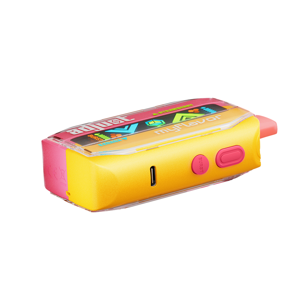 Adjust MyFlavor Strawberry Banana vape device featuring a sleek design with a vibrant pink and yellow color scheme. Offers 6 adjustable flavor profiles, customizable burst and normal puff modes, and an interactive screen for a personalized vaping experience.
