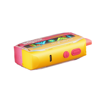 Adjust MyFlavor Strawberry Banana vape device featuring a sleek design with a vibrant pink and yellow color scheme. Offers 6 adjustable flavor profiles, customizable burst and normal puff modes, and an interactive screen for a personalized vaping experience.