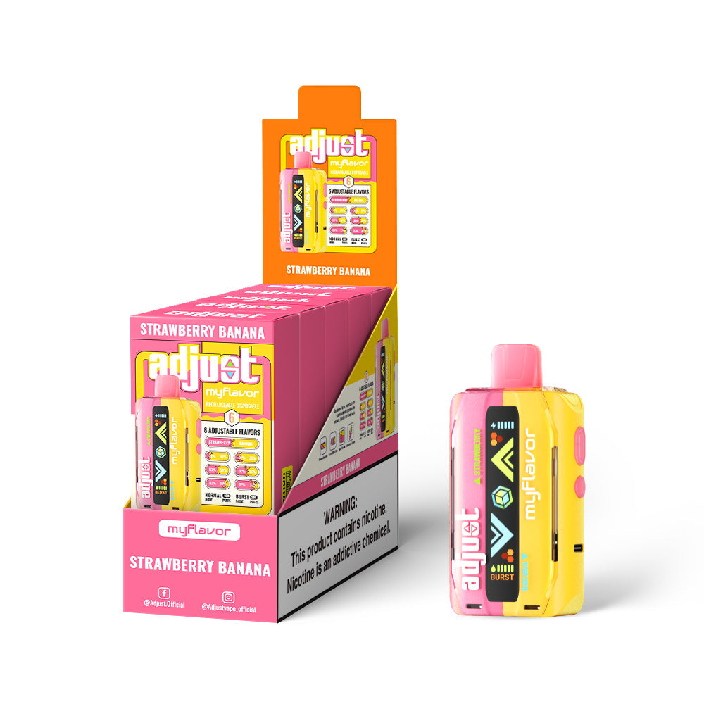 Adjust MyFlavor Strawberry Banana 40K Puffs Disposable Vape Packaging - Retail display of 5 packs featuring Strawberry Banana-flavored vape with 6 adjustable flavor intensity settings, rechargeable design, 5% nicotine strength, vibrant pink and yellow packaging, and a prominently displayed nicotine warning label.