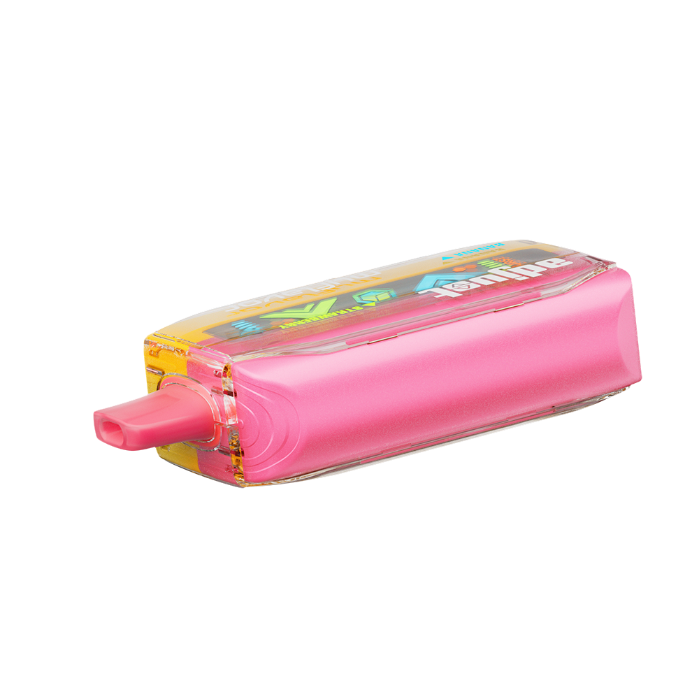 Adjust MyFlavor Strawberry Banana vape device featuring a sleek design with a vibrant pink and yellow color scheme. Offers 6 adjustable flavor profiles, customizable burst and normal puff modes, and an interactive screen for a personalized vaping experience.