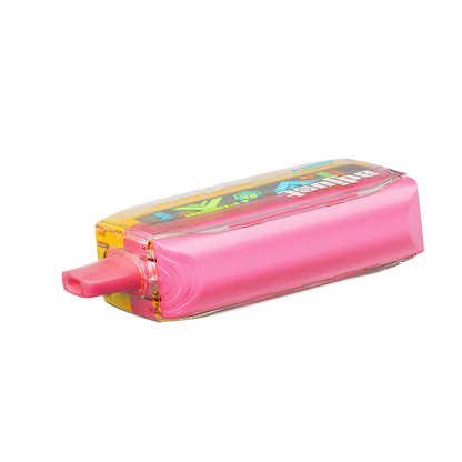 Adjust MyFlavor Strawberry Banana vape device featuring a sleek design with a vibrant pink and yellow color scheme. Offers 6 adjustable flavor profiles, customizable burst and normal puff modes, and an interactive screen for a personalized vaping experience.