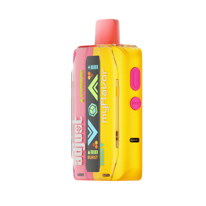 Adjust MyFlavor Strawberry Banana vape device featuring a sleek design with a vibrant pink and yellow color scheme. Offers 6 adjustable flavor profiles, customizable burst and normal puff modes, and an interactive screen for a personalized vaping experience.