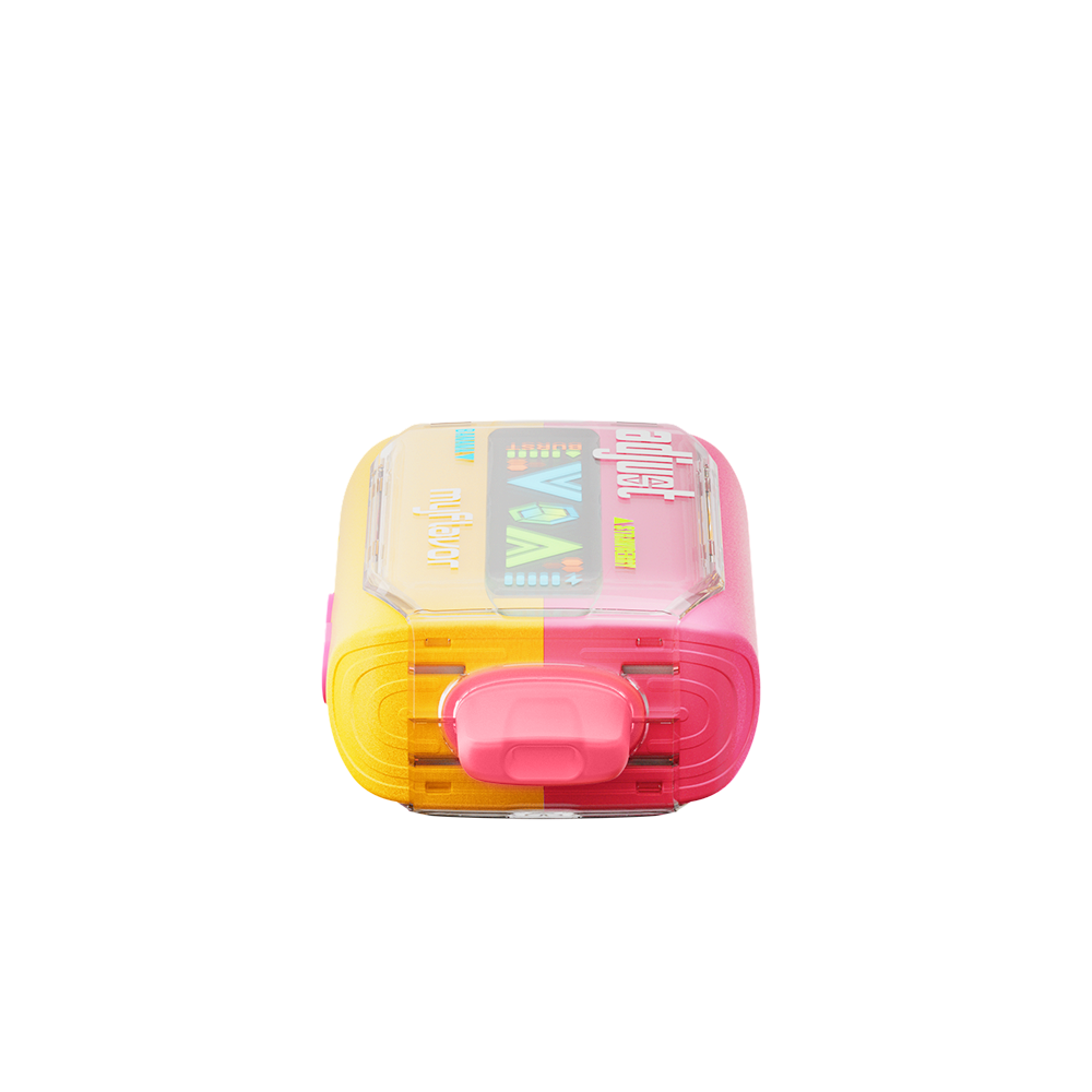 Adjust MyFlavor Strawberry Banana vape device featuring a sleek design with a vibrant pink and yellow color scheme. Offers 6 adjustable flavor profiles, customizable burst and normal puff modes, and an interactive screen for a personalized vaping experience.