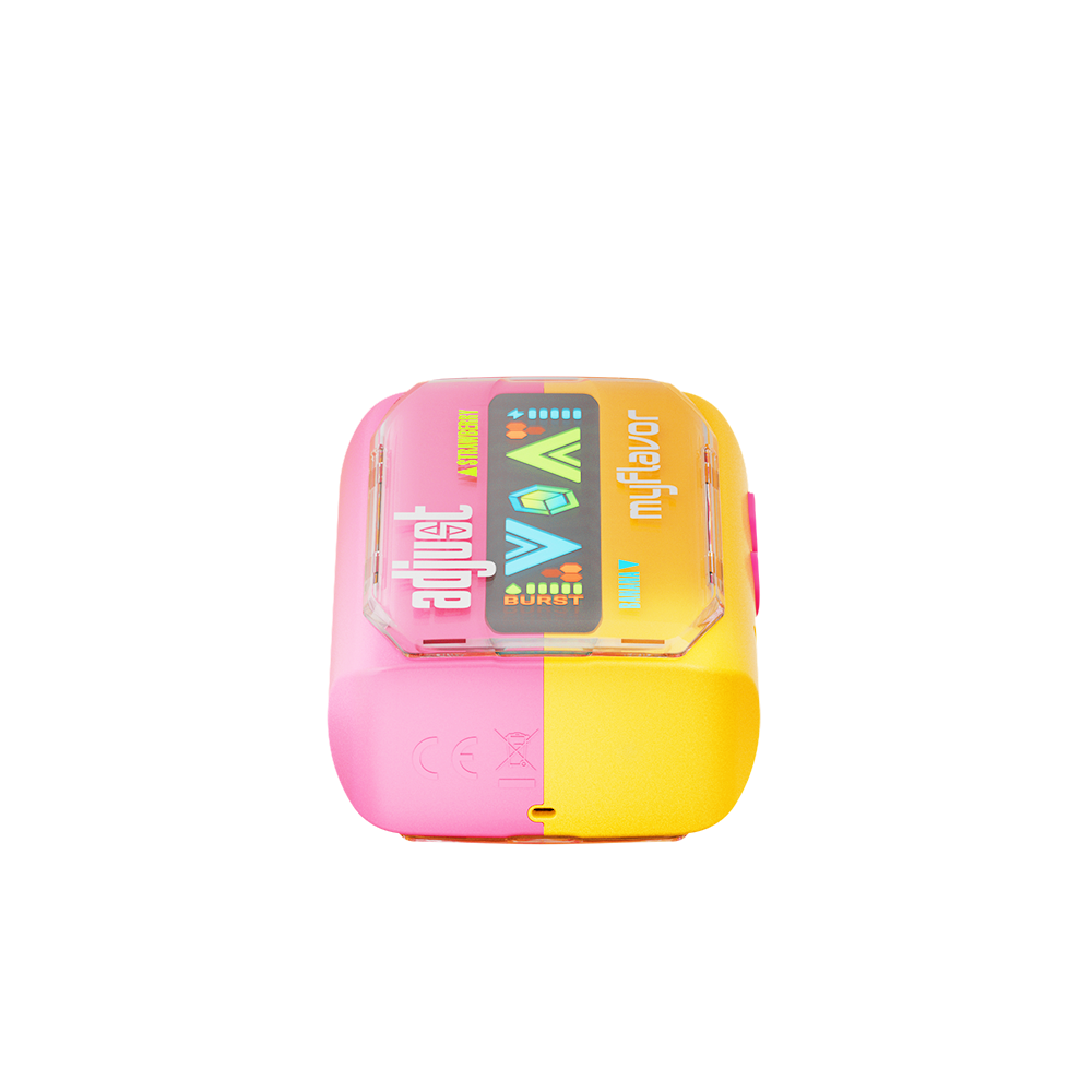 Adjust MyFlavor Strawberry Banana vape device featuring a sleek design with a vibrant pink and yellow color scheme. Offers 6 adjustable flavor profiles, customizable burst and normal puff modes, and an interactive screen for a personalized vaping experience.