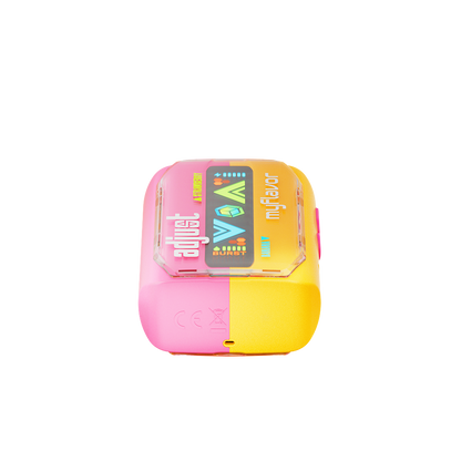Adjust MyFlavor Strawberry Banana vape device featuring a sleek design with a vibrant pink and yellow color scheme. Offers 6 adjustable flavor profiles, customizable burst and normal puff modes, and an interactive screen for a personalized vaping experience.