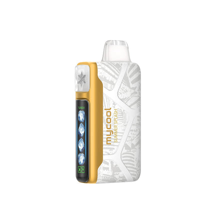 Adjust MyCool Summer Splash 40K Puffs Disposable Vape - White and yellow-colored device featuring a tropical fruit fusion flavor with adjustable cooling levels, 5% nicotine strength, and a vibrant design, with a clear display of customizable options.