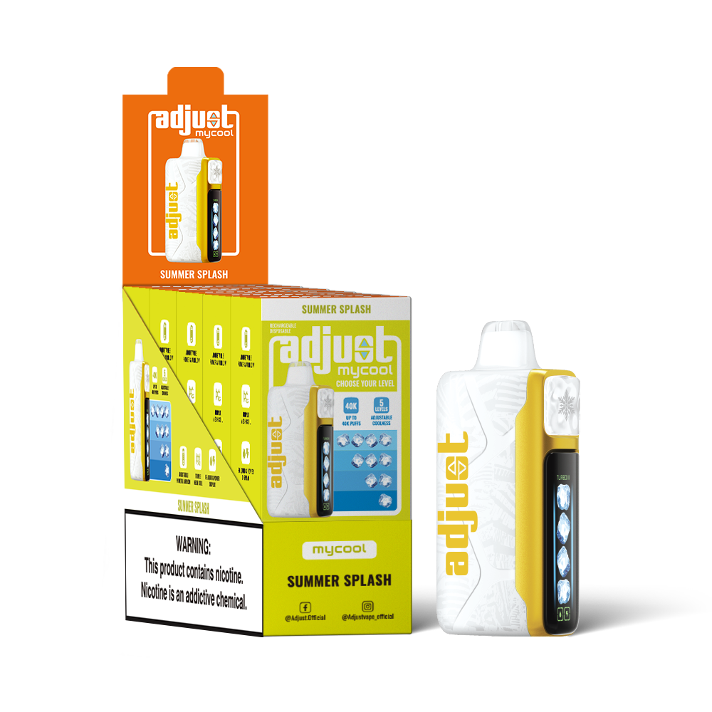 Adjust MyCool Summer Splash 40K Puffs Disposable Vape Packaging - Retail display of 5 packs featuring a tropical blend of pineapple, coconut, and citrus flavors with adjustable ice cooling feature, 5% nicotine strength, vibrant yellow and white design, and a prominently displayed nicotine warning label.