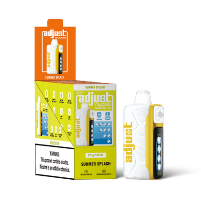 Adjust MyCool Summer Splash 40K Puffs Disposable Vape Packaging - Retail display of 5 packs featuring a tropical blend of pineapple, coconut, and citrus flavors with adjustable ice cooling feature, 5% nicotine strength, vibrant yellow and white design, and a prominently displayed nicotine warning label.