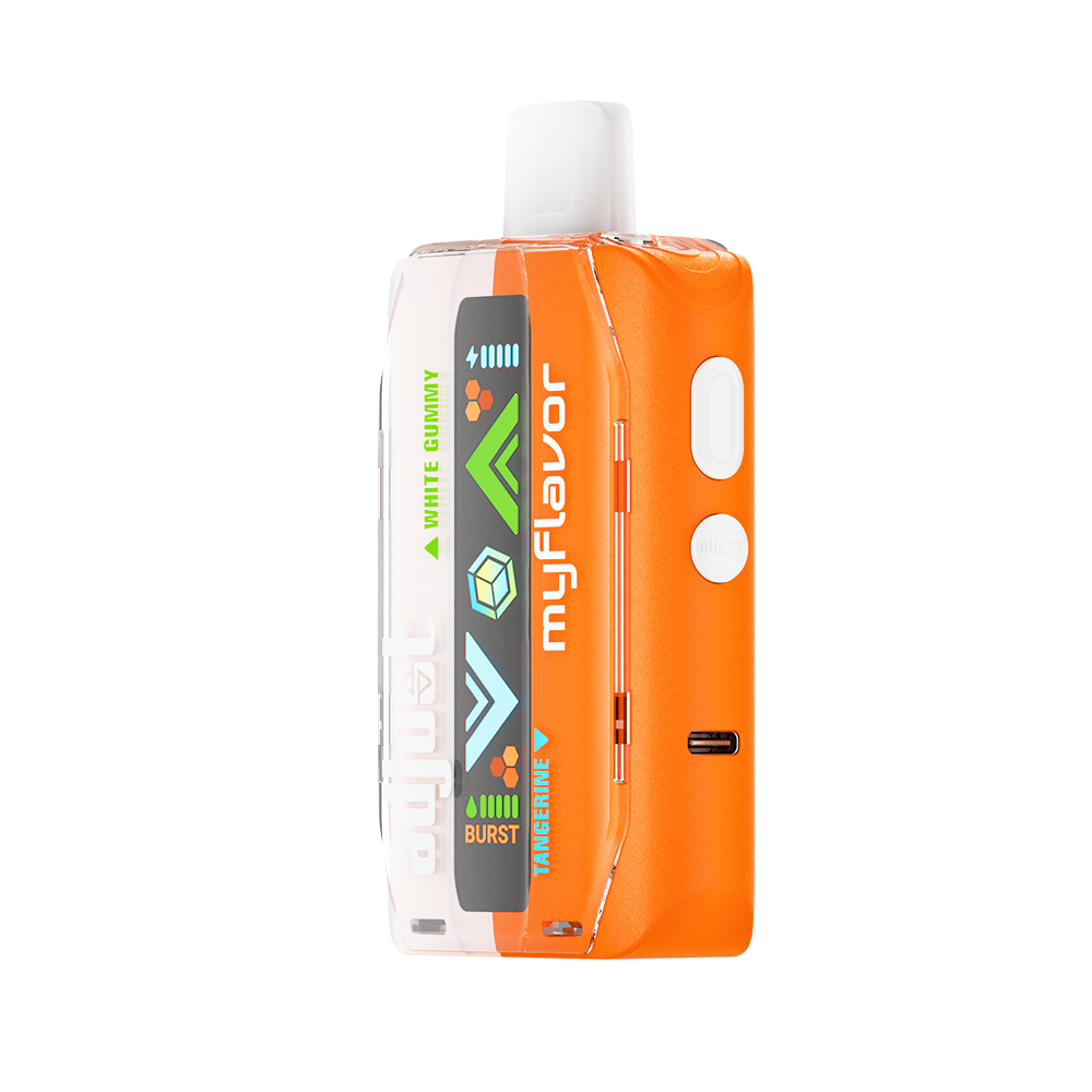 Adjust MyFlavor Tangerine White Gummy vape device with a vibrant orange and white design. Features 6 adjustable flavor profiles, including Tangerine White Gummy, with Burst Mode (up to 20K puffs) and Normal Mode (up to 40K puffs), offering a customizable vaping experience with an interactive screen.