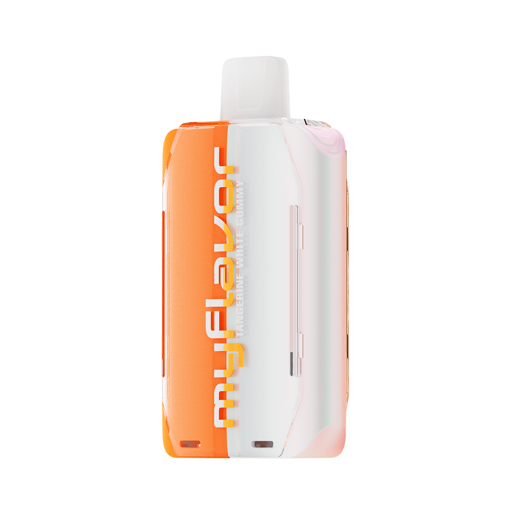 Adjust MyFlavor Tangerine White Gummy vape device with a vibrant orange and white design. Features 6 adjustable flavor profiles, including Tangerine White Gummy, with Burst Mode (up to 20K puffs) and Normal Mode (up to 40K puffs), offering a customizable vaping experience with an interactive screen.