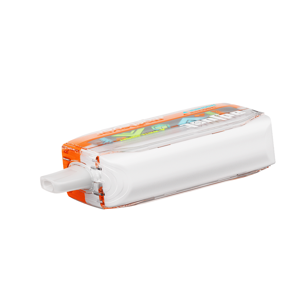 Adjust MyFlavor Tangerine White Gummy vape device with a vibrant orange and white design. Features 6 adjustable flavor profiles, including Tangerine White Gummy, with Burst Mode (up to 20K puffs) and Normal Mode (up to 40K puffs), offering a customizable vaping experience with an interactive screen.