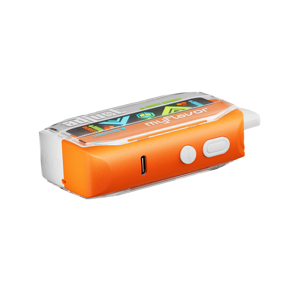 Adjust MyFlavor Tangerine White Gummy vape device with a vibrant orange and white design. Features 6 adjustable flavor profiles, including Tangerine White Gummy, with Burst Mode (up to 20K puffs) and Normal Mode (up to 40K puffs), offering a customizable vaping experience with an interactive screen.