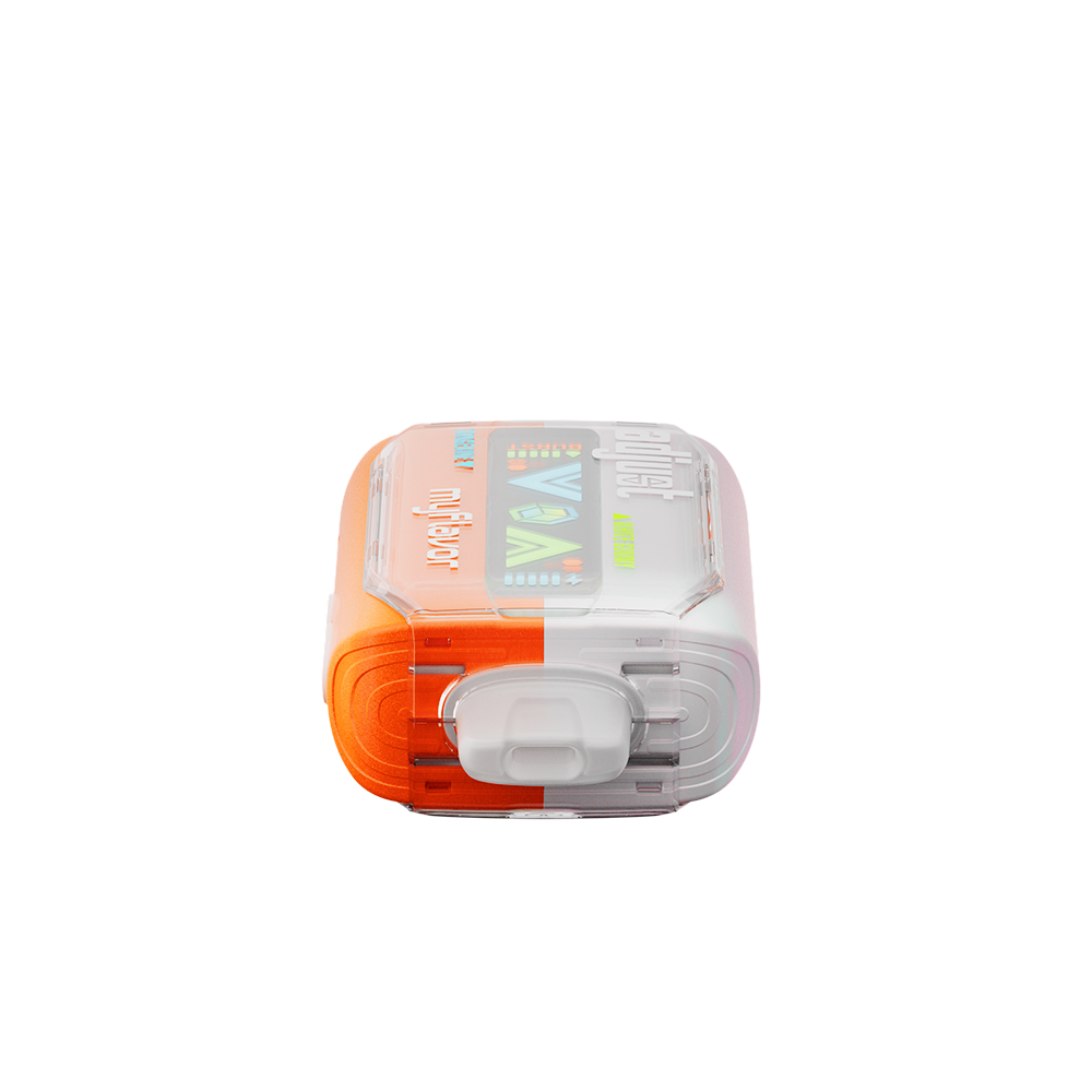 Adjust MyFlavor Tangerine White Gummy vape device with a vibrant orange and white design. Features 6 adjustable flavor profiles, including Tangerine White Gummy, with Burst Mode (up to 20K puffs) and Normal Mode (up to 40K puffs), offering a customizable vaping experience with an interactive screen.