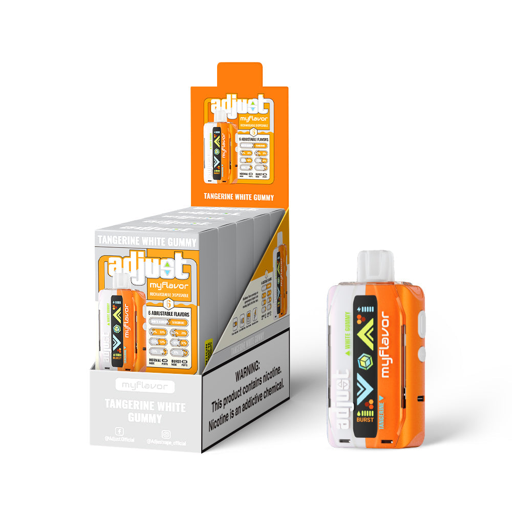 Adjust MyFlavor Tangerine White Gummy 40K Puffs Disposable Vape Packaging - Retail display of 5 packs featuring Tangerine White Gummy-flavored vape with 6 adjustable flavor intensity settings, rechargeable design, 5% nicotine strength, vibrant orange and white packaging, and a prominently displayed nicotine warning label.