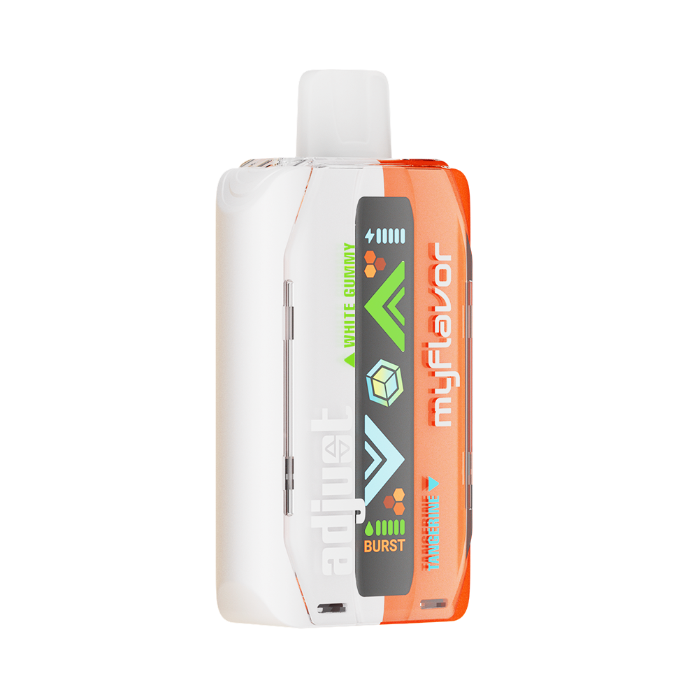 Adjust MyFlavor Tangerine White Gummy vape device with a vibrant orange and white design. Features 6 adjustable flavor profiles, including Tangerine White Gummy, with Burst Mode (up to 20K puffs) and Normal Mode (up to 40K puffs), offering a customizable vaping experience with an interactive screen.